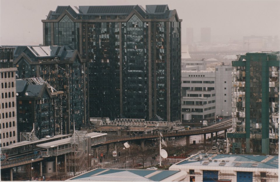 A picture of the destruction caused by the IRA bombing of South Quay/Canary Wharf in the London Docklands in 1996 which used Libyan supplied semtex