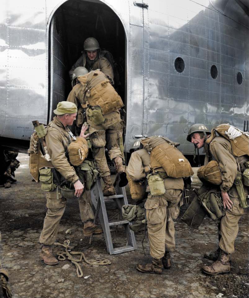 Troops boarding a plane for their drop behind enemy lines north of Pyongyang