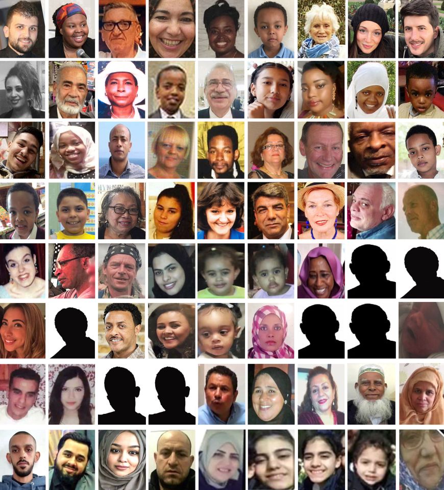 The faces of the 72 victims who were killed in the devastating blaze