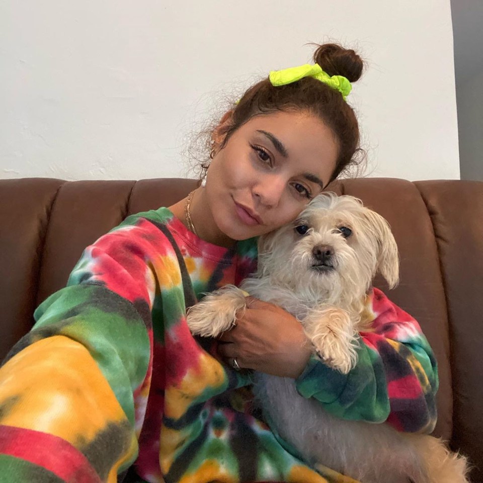 31-year-old singer, Vanessa Hudgens,  cuddles up with a canine pal for her posts. 