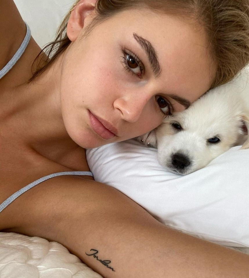 Kaia Gerber, 18, uses her dog for pictures. 