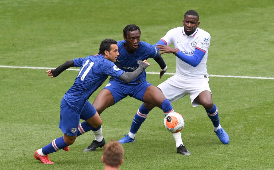  Pedro - who is also linked with an exit - collects the ball from Tammy Abraham as Antonio Rudiger looks on