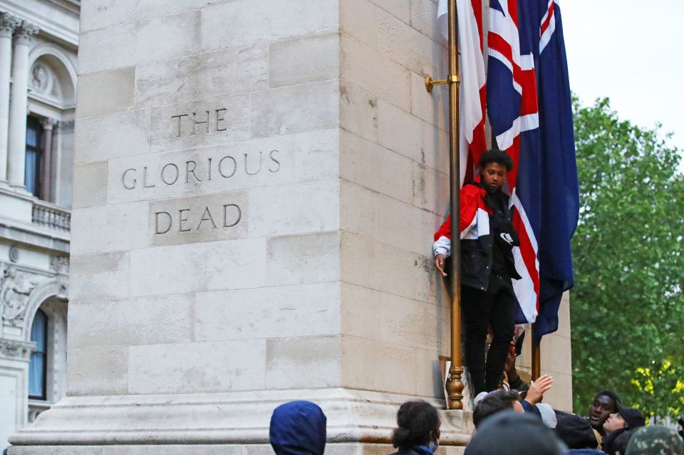  The protester stands on the memorial plinth as riot police surround the Cenotaph