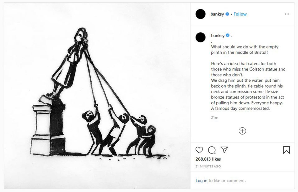 Banksy wants to see the toppled Colston statue resurrected to commemorate the moment it was pulled down during Black Lives Matter protests 