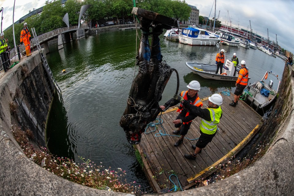 The statue of Edward Colston is retrieved from Bristol Harbour this morning