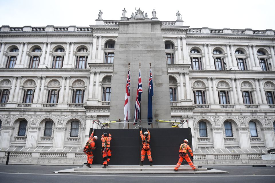 The Cenotaph has also been boarded up ahead of possible clashes