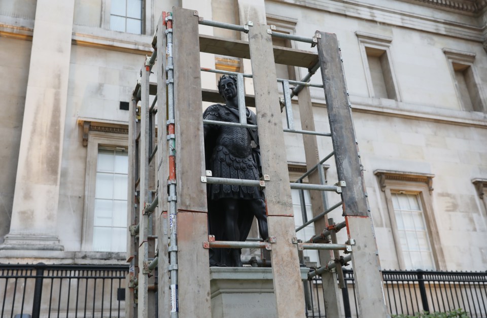 A statue of James II was also boarded up in Trafalgar Square