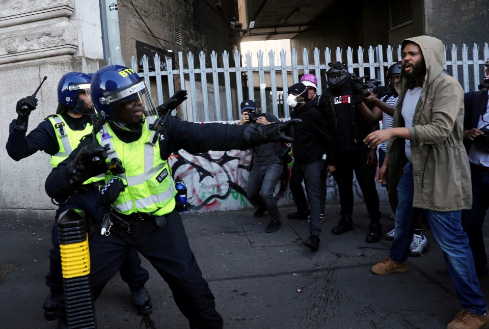 Police and protesters near Waterloo Station