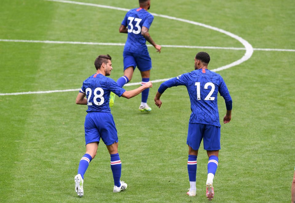  Chelsea skipper Cesar Azpilicueta congratulates Loftus-Cheek after one of his goals