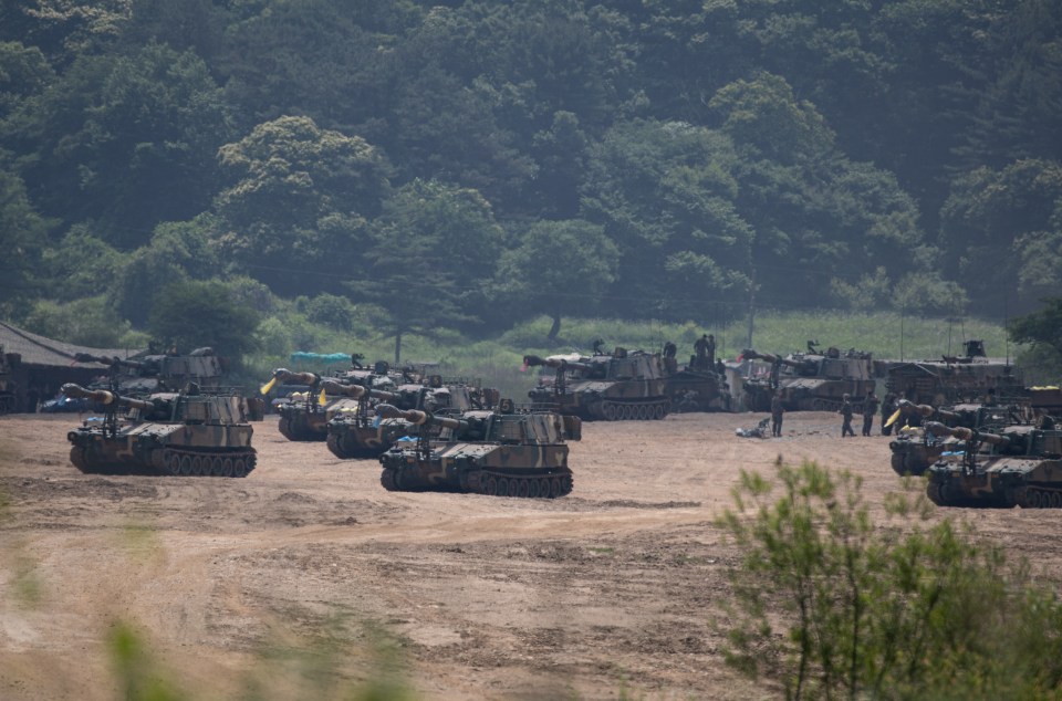 South Korean army's K-55 self-propelled howitzers are seen at the border with North Korea