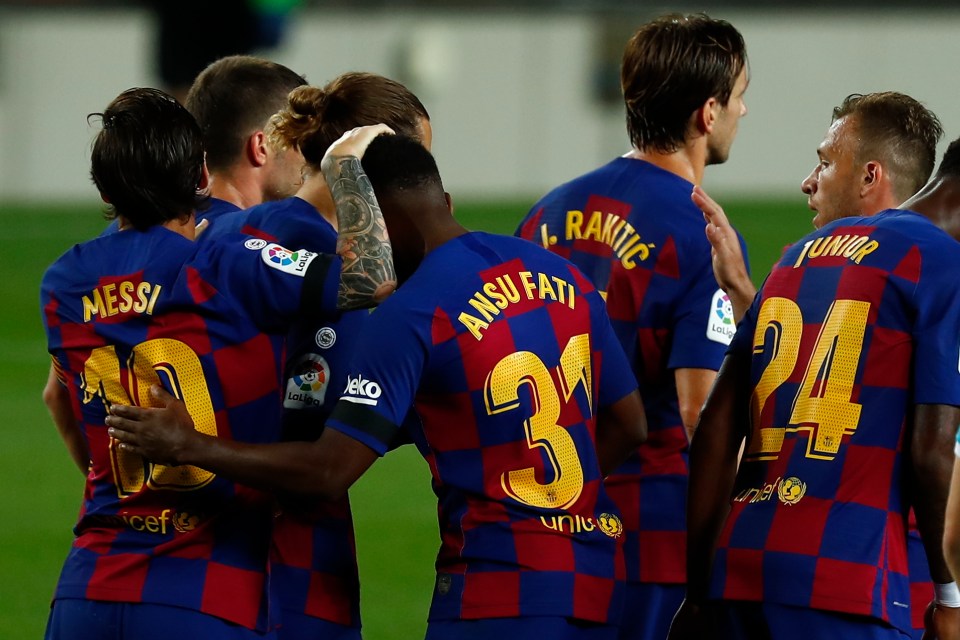  Ansu Fati was mobbed by teammates after scoring his fifth goal of the season