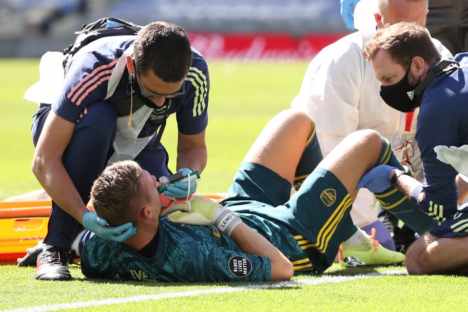 Bernd Leno landed awkwardly after a mid-air challenge with Brighton striker Neal Maupay