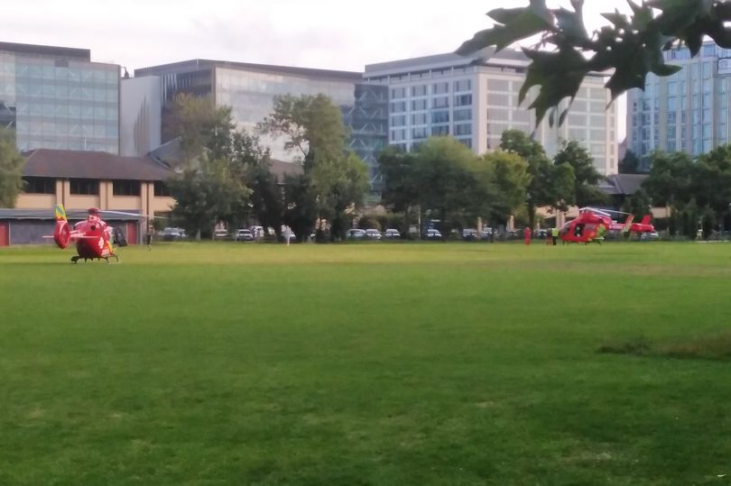  Air ambulances after landing in Forbury Gardens in the town centre of Reading