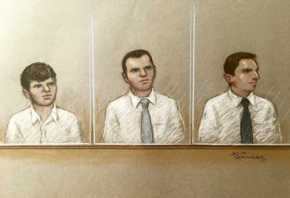 An artist's impression of defendants Henry Long (left) Albert Bowers (middle) and Jessie Cole (right) at the Old Bailey