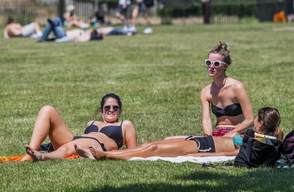  Sunbathers sit on the grass at Green Park in London