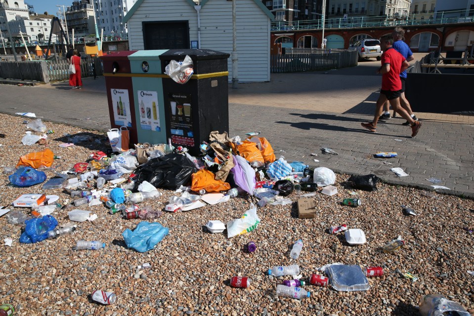 Bins were left overflowing with rubbish at Brighton beach on Thursday morning