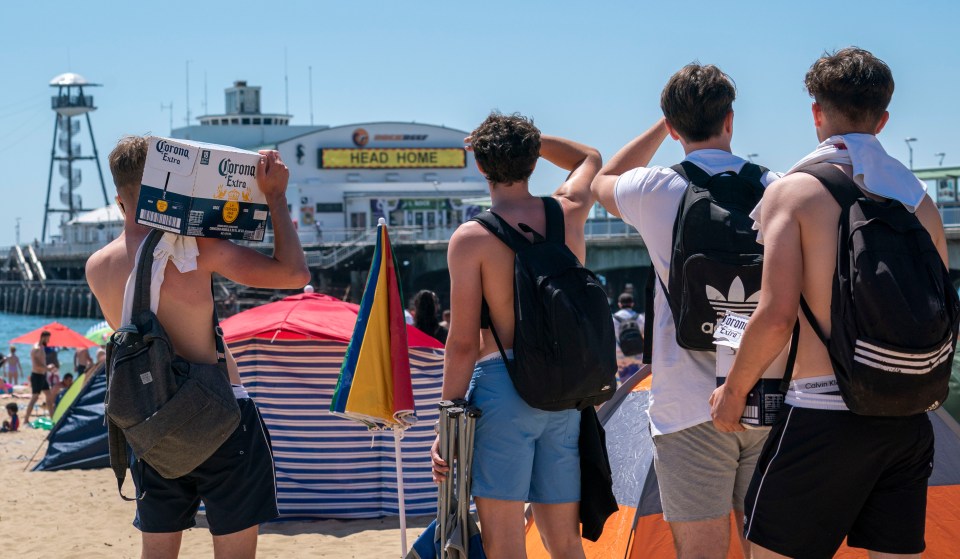 A group of friends search for a spot at Bournemouth beach