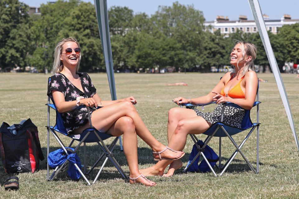 Two friends enjoy the sun at Clapham Common in London