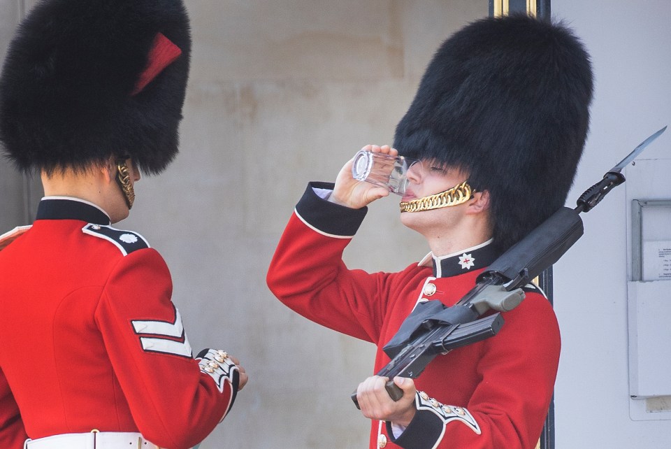 A member of the Coldstream Guards drinks a glass of water while on duty at Buckingham Palace