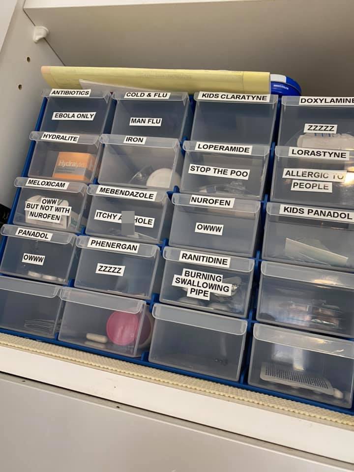 A nurse shows off her organised medical stash with hilarious labelling system