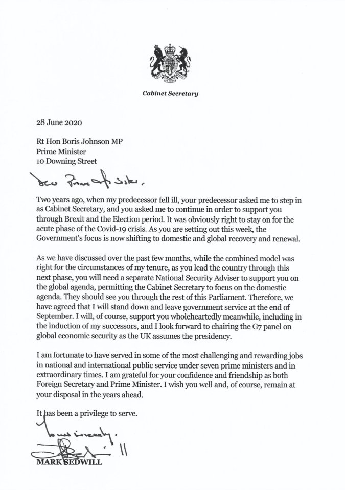 Sir Mark's resignation letter