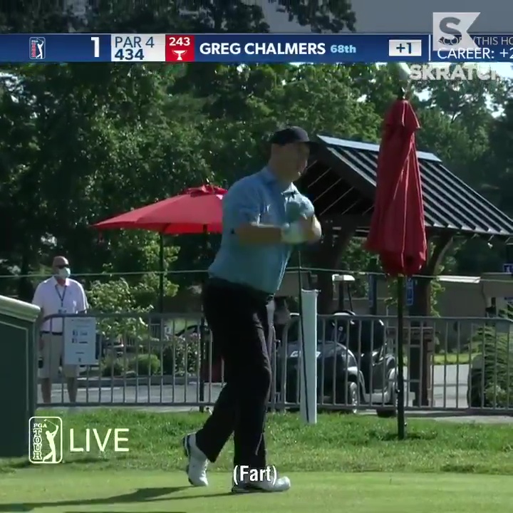 Greg Chalmers hits the tee shot as Ian Poulter farts off camera