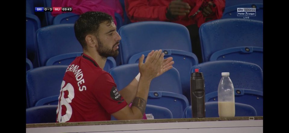 Bruno Fernandes appeared to down a bottle of milk after leaving the field