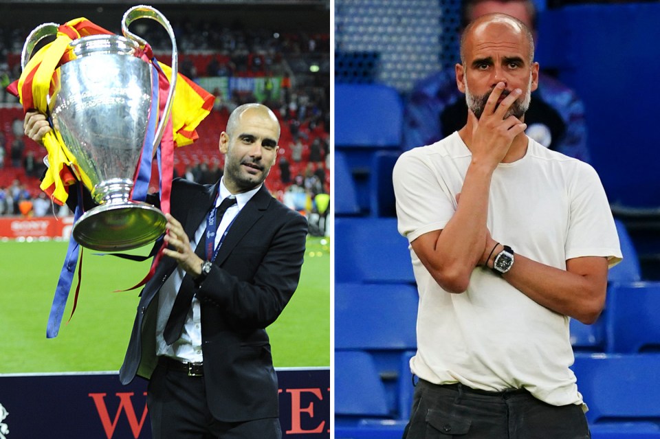  Pep Guardiola winning the Champions League with Barcelona and, right, at Manchester City