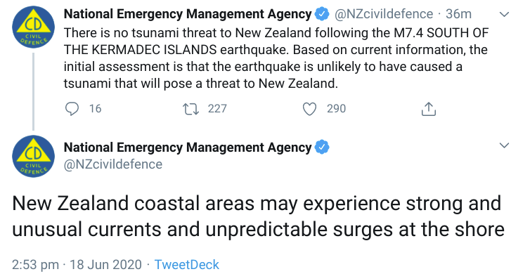 NZ's Civil Defence tweeted that 'unusual currents' could be expected as a result of the quake