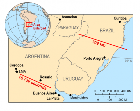 This WMO map shows the lightning strike in the upper right corner, the bottom left strike is the lightning that broke the longest duration record