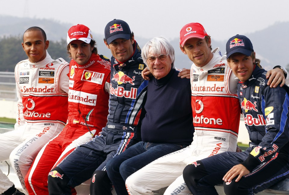 Lewis Hamilton, Fernando Alonso, Mark Webber, Bernie Ecclestone, Jenson Button and Sebastian Vettel