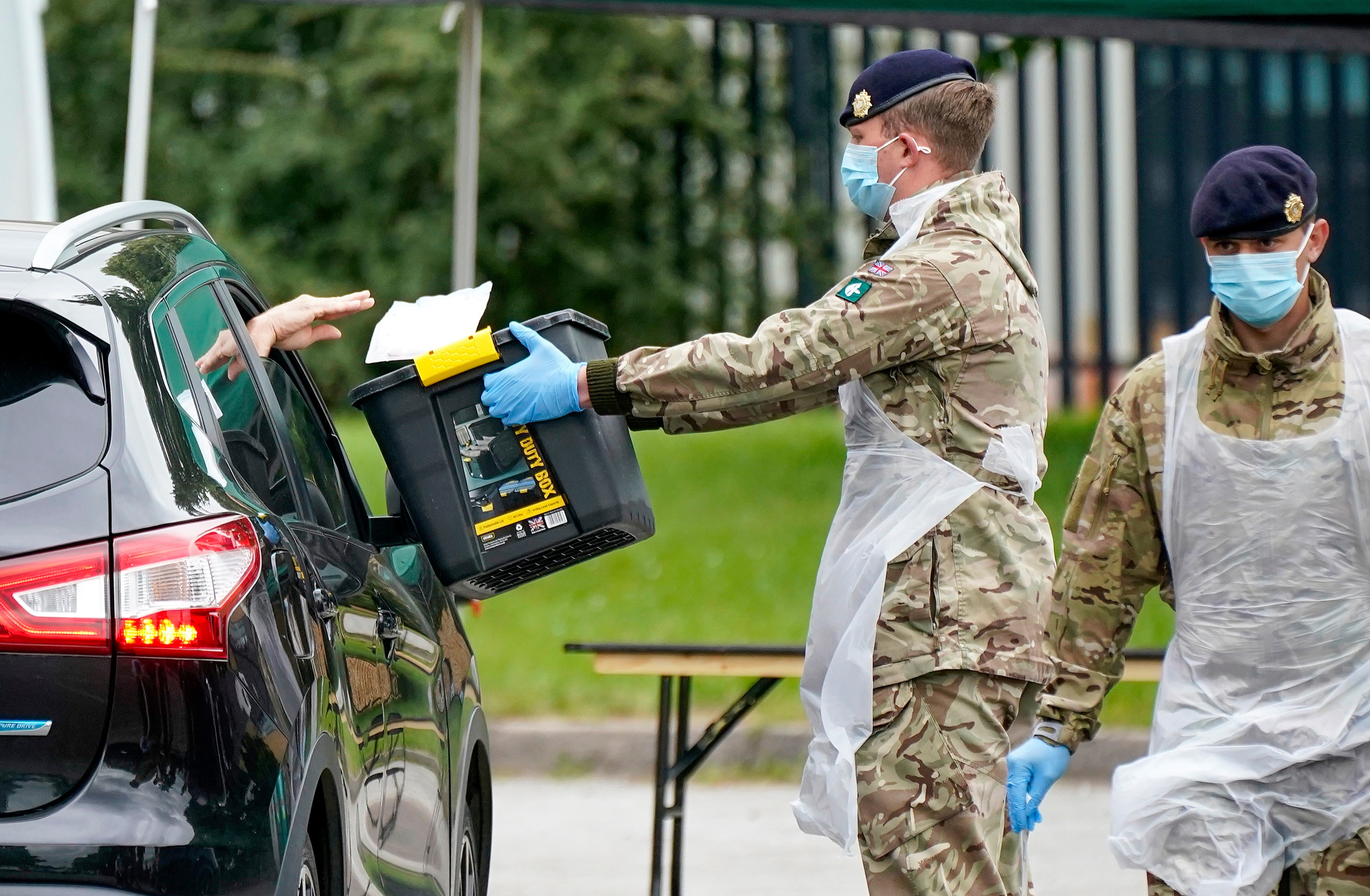 Royal Logistics Corps soldiers man a Covid-19 testing station at Leicester’s Evington Leisure Centre