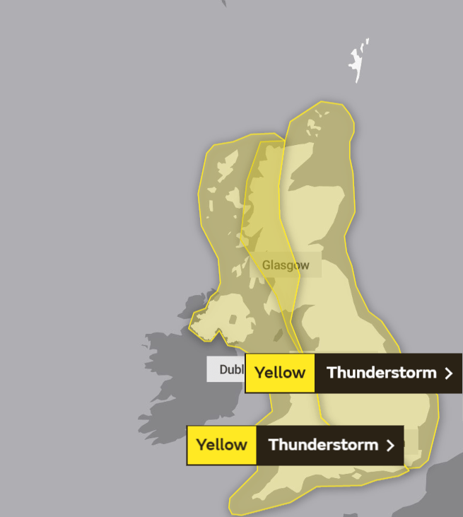 This Met Office map shows where the yellow warning will be in place in the UK for Friday