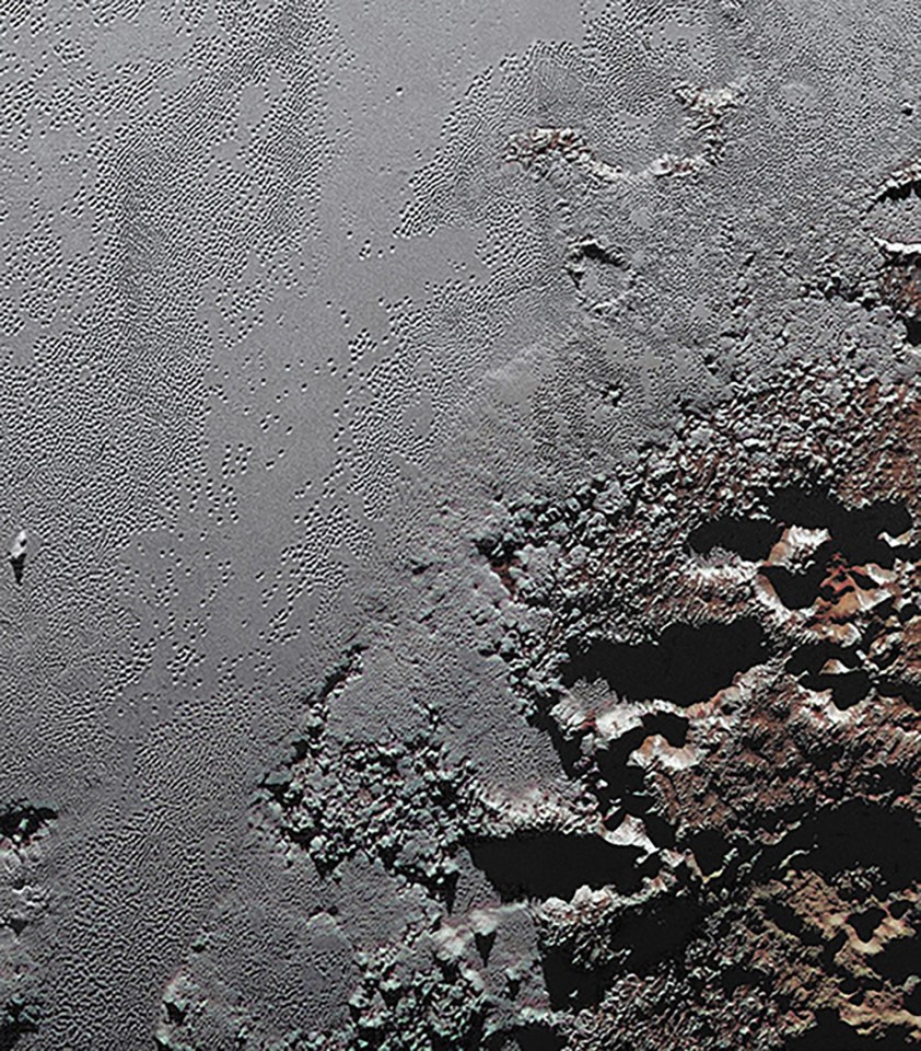 Nasa’s New Horizons spacecraft captures a stunning zoom-in of Pluto’s great ice plains, bordering rugged, dark highlands known as Krun Macula