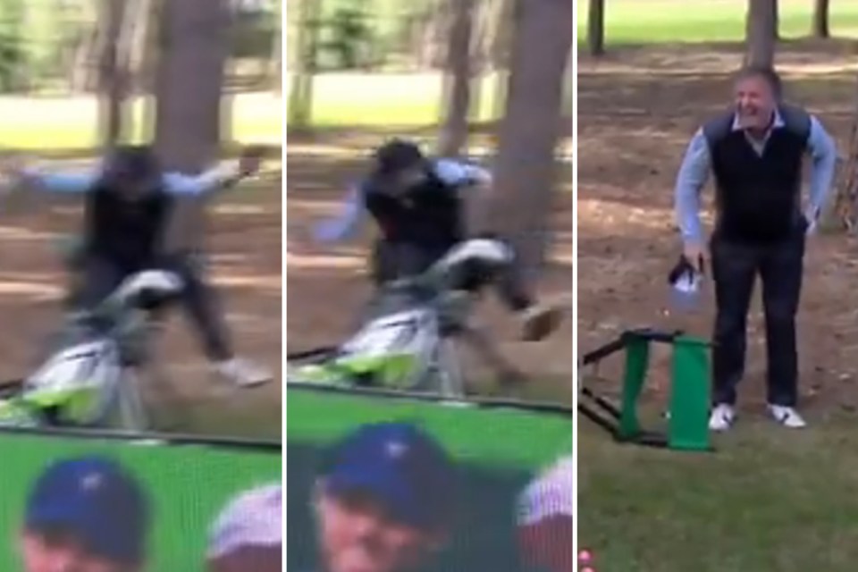  Piers Morgan took a hilarious tumble at the side of the green during a charity golf day