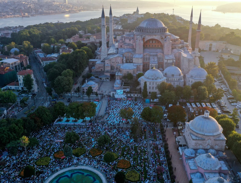 Muslims perform the Eid al-Adha prayer while keeping social distance at the Hagia Sophia Grand Mosque in Istanbul