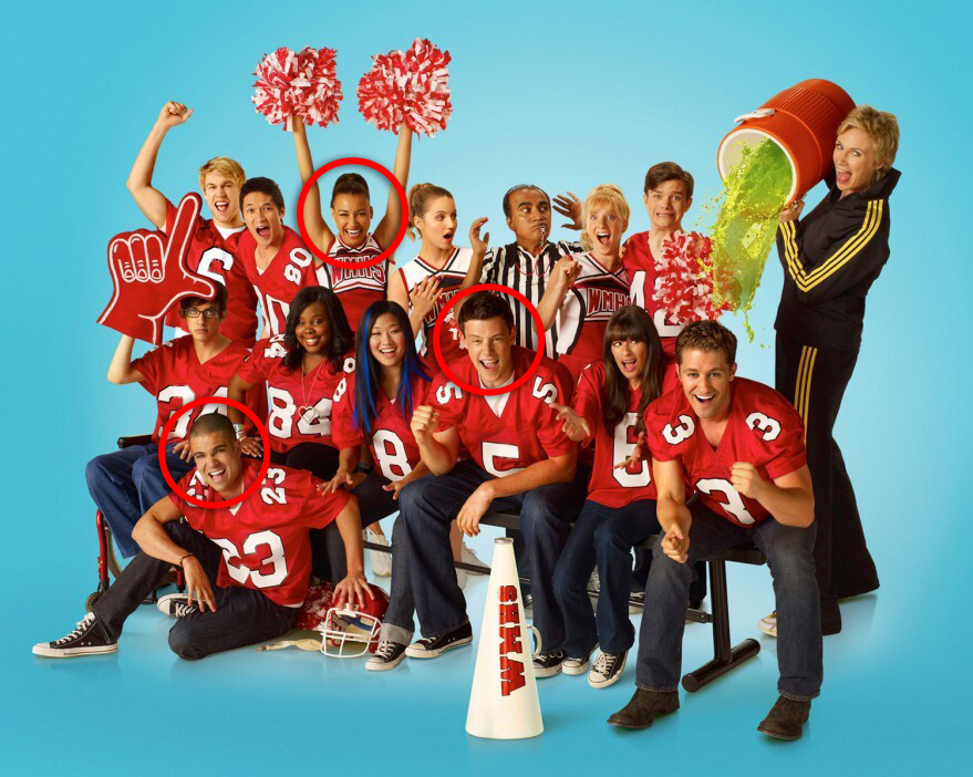 Naya Rivera, top, Mark Salling, bottom left, and Cory Monteith, right, pose for a Glee promo shot