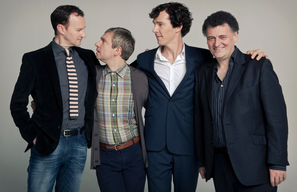 Benedict Cumberbatch, Martin Freeman, Steven Moffat, Mark Gatiss pictured in 2014