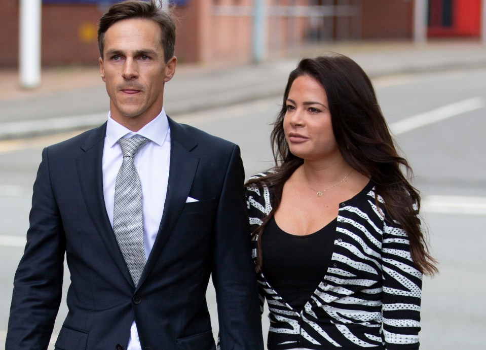 Ryder Cup star Olesen, here with his girlfriend appearing at court, denies the charges of groping a stewardess and urinating in the aisle on a first-class flight