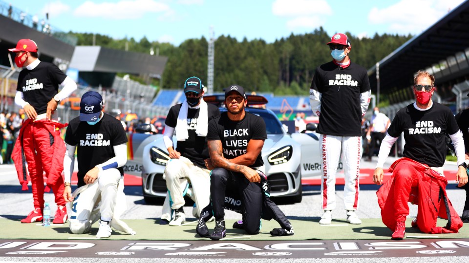 World champ Lewis Hamilton takes the knee - but Kimi Raikkonen was among six F1 drivers who chose not to 