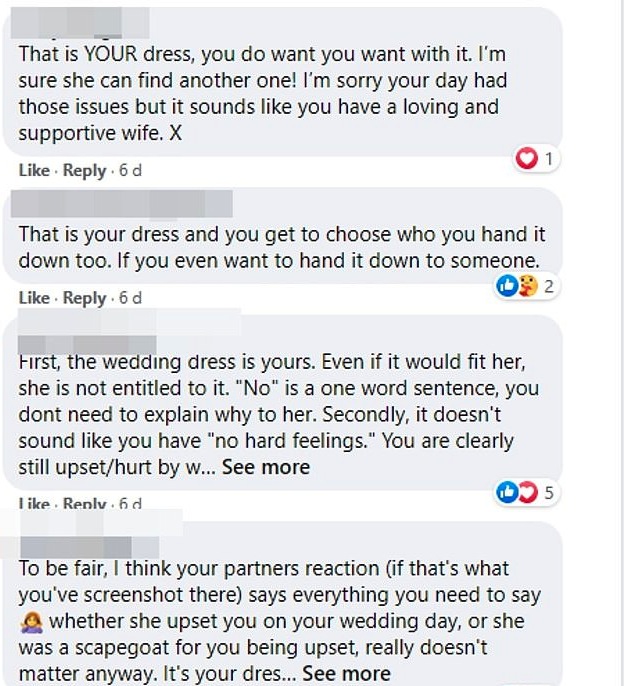 Dozens of people have commented on the post, claiming the bride shouldn't give up her wedding dress