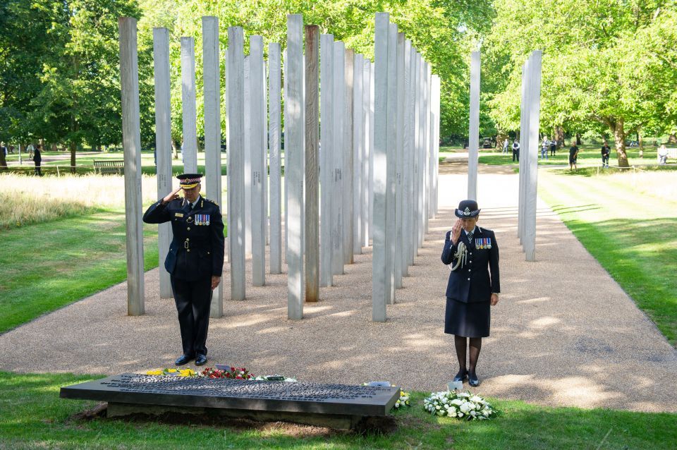 Commissioner of City of London Police Ian Dyson and Metropolitan Police Commissioner Cressida Dick lay wreaths at the London Bombing Memorial in Hyde Park