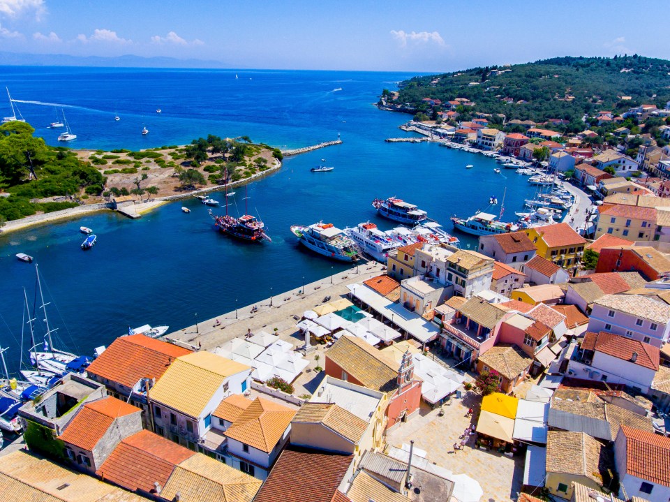 Gaios, capital city of Paxos Island near Corfu, aerial view. Important tourist attraction in the Ionian islands, Greece.