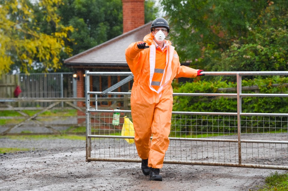 Health workers arrive at the farm on Monday