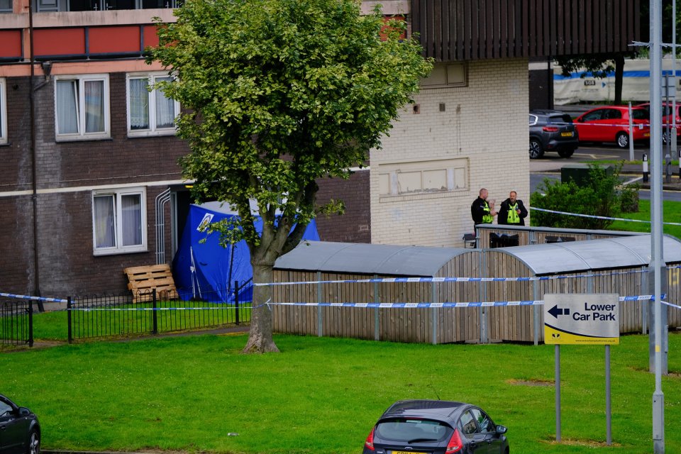 Cops have cordoned off a front garden at the flats and a 'full forensic examination' is under way