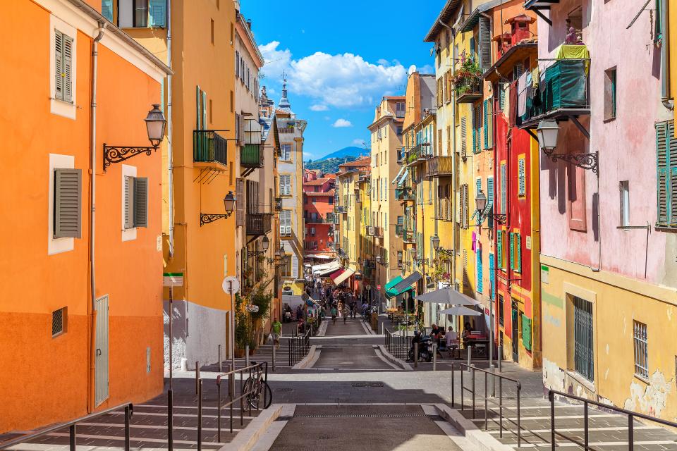 The colourful cobbled streets of Nice’s vibrant art-deco architecture rivals Paris