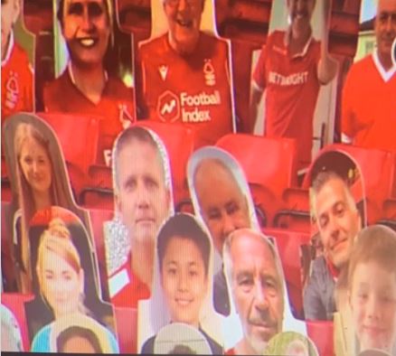 A cardboard cutout of disgraced Jeffrey Epstein was spotted at Nottingham Forest's City Ground