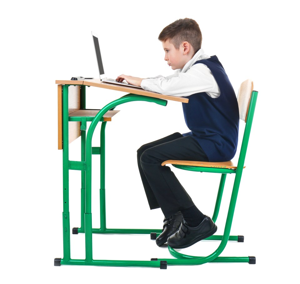 This demonstrates bad posture while sitting at a desk on a laptop