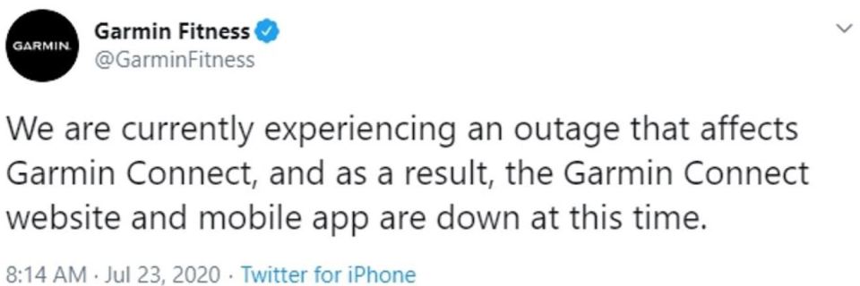 Garmin confirmed its operation was down in a Twitter message