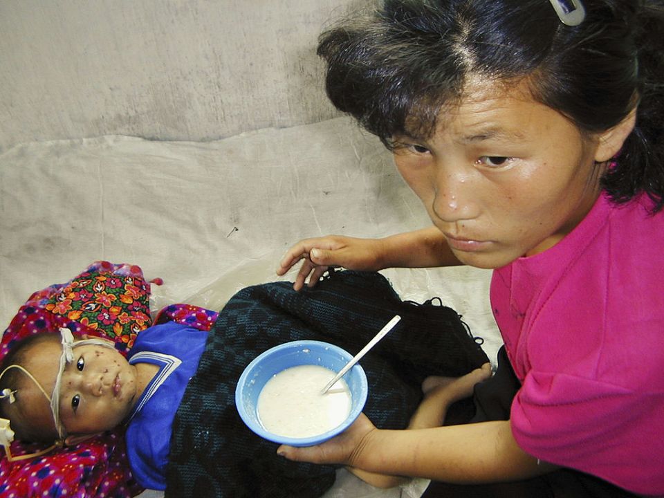 Chronic malnourishment and food shortages continued to blight North Korea for years after the famine began - this three-year-old was being given UN food in 2004